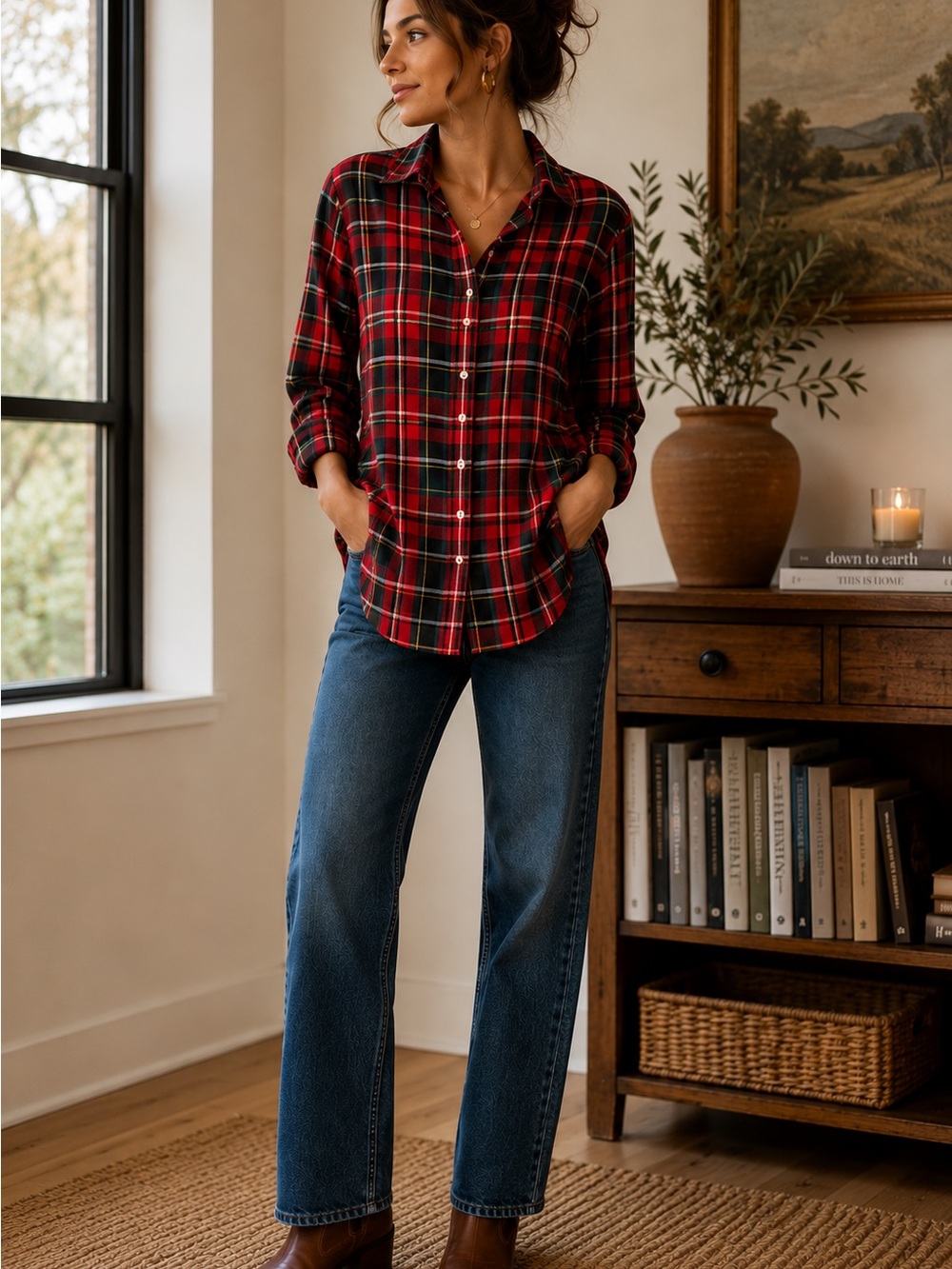 Old Navy Classic Shirt Plaid Button Front 100% Cotton Red Green M